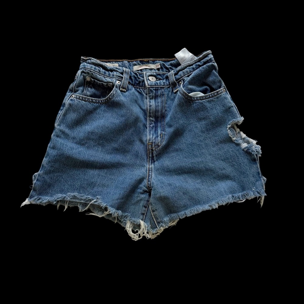 Levis Premium Balloon Leg High Waisted Distressed Custom Denim Shorts Blue 24
